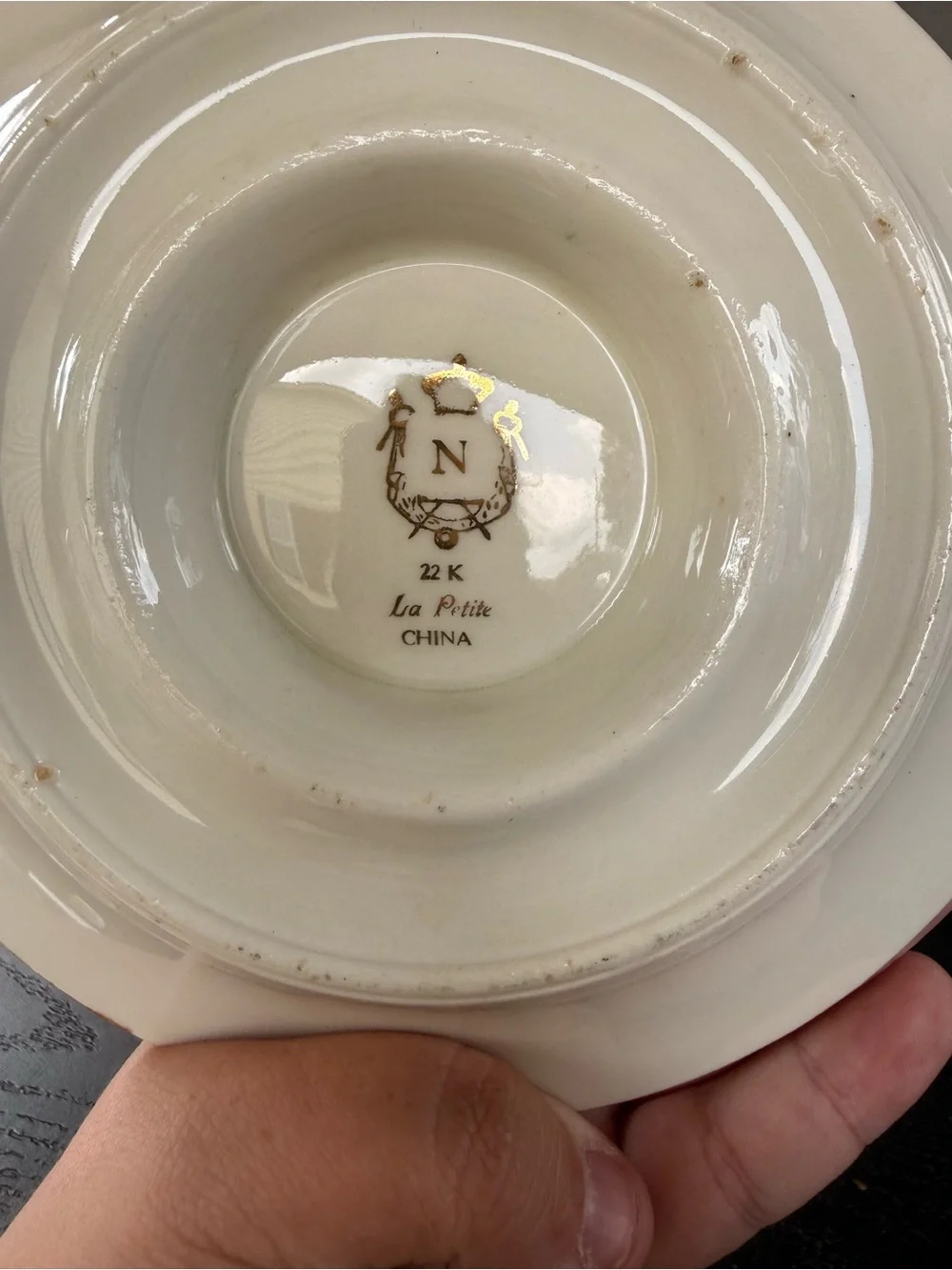 Vintage Gold-Trim Porcelain Gravy Boat with Classical Scene